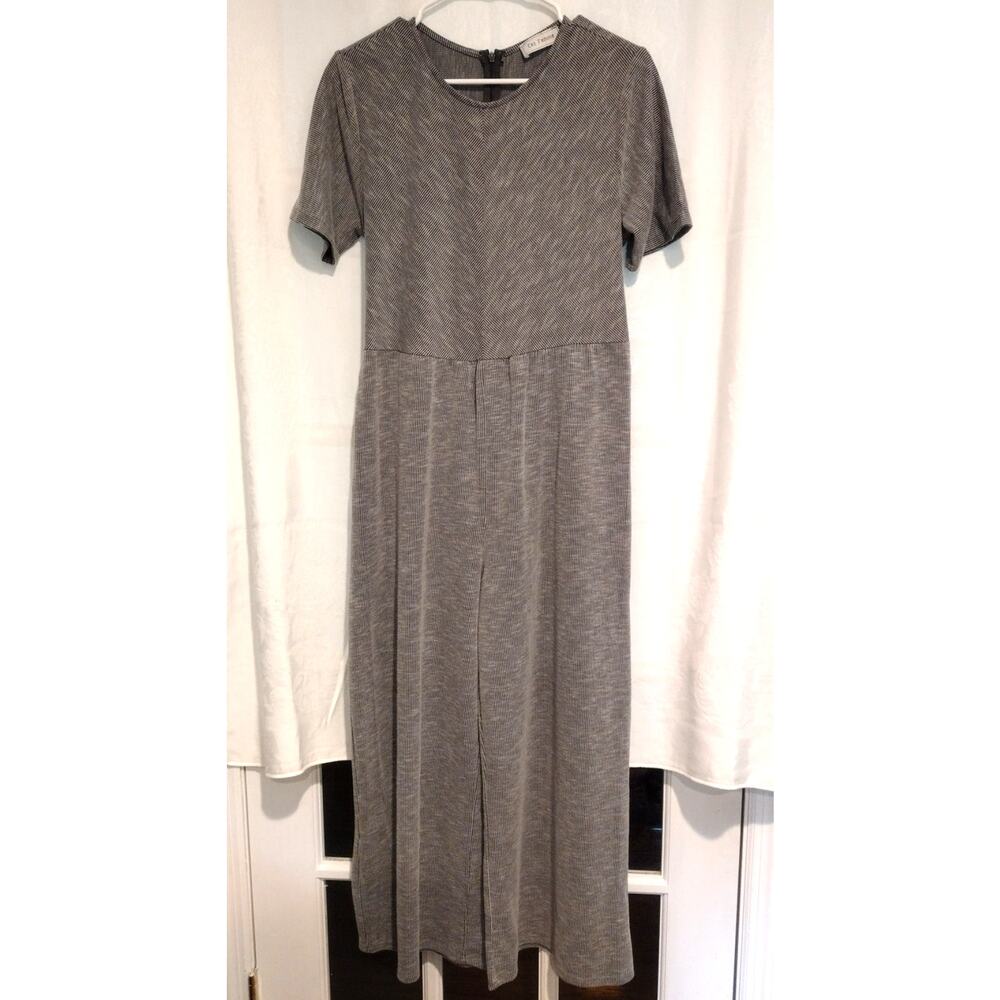 Ces Femme Jumpsuit Gray Black Pinstripes Belted Cropped Wide Leg Casual Chic
